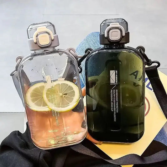 
Flat Square Transparent Water Bottle Portable Travel Canteen with Adjustable Strap Elegant Slim Bottle for Sport Camping